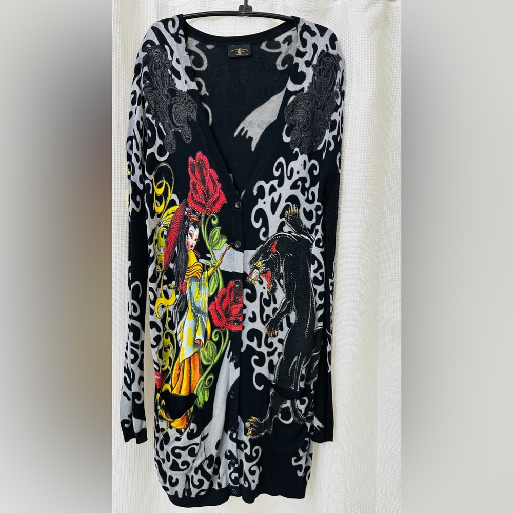 Christian Audigier sweater dress. Bold panther, rose graphics, and rhinestones.